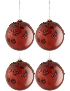 Boule de Noël XL en Verre Bordeaux Motif fleurs (Lot de 4) - 1
