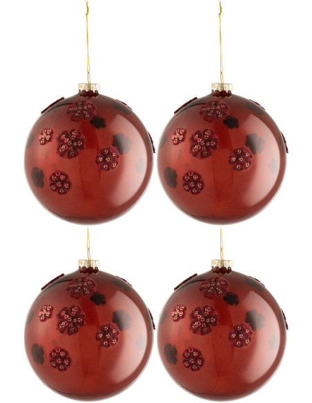 Boule de Noël XL en Verre Bordeaux Motif fleurs (Lot de 4) - 1