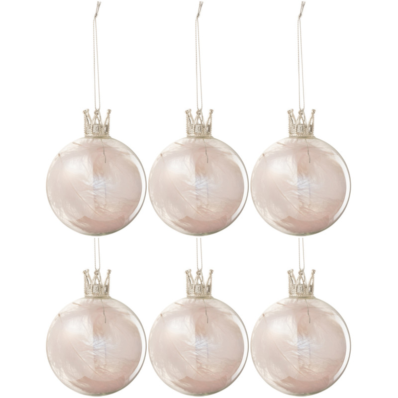Boule de Noël Couronne en Verre Transparent Plume Rose (Lot de 6) - 1