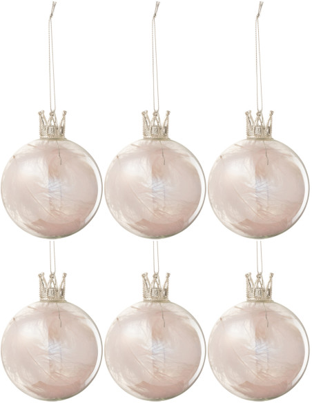 Boule de Noël Couronne en Verre Transparent Plume Rose (Lot de 6) - 1