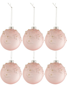 Boule de Noël en Verre Rose Motif fleurs (Lot de 6) - 1