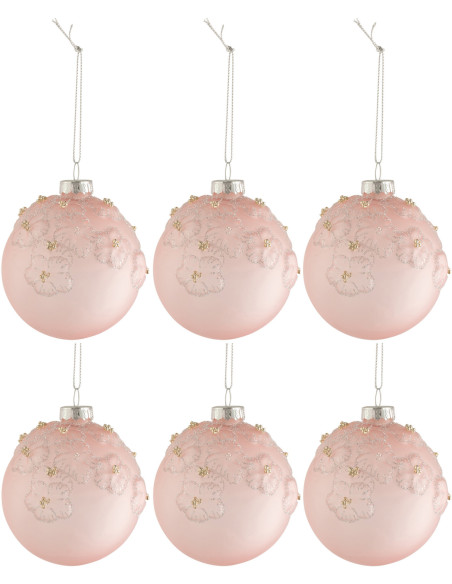 Boule de Noël en Verre Rose Motif fleurs (Lot de 6) - 1