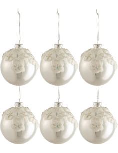 Boule de Noël Fleurs en Verre Argenté Brillant (Lot de 6) - 1