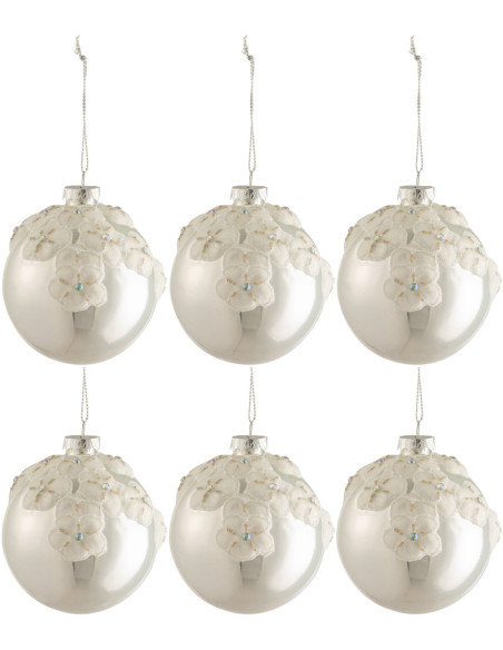 Boule de Noël Fleurs en Verre Argenté Brillant (Lot de 6) - 1