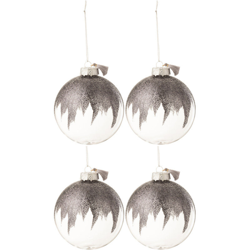 Boule de Noël en Verre Transparent Gris Avec paillette et pompon (Lot de 4) - 1