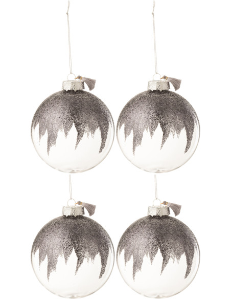 Boule de Noël en Verre Transparent Gris Avec paillette et pompon (Lot de 4) - 1