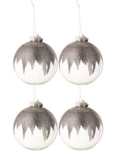 Boule de Noël XL en Verre Transparent Gris Avec paillette et pompon (Lot de 4) - 1