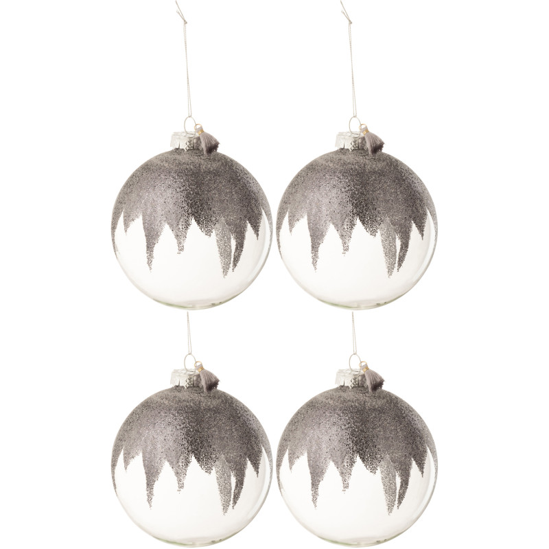 Boule de Noël XL en Verre Transparent Gris Avec paillette et pompon (Lot de 4) - 1