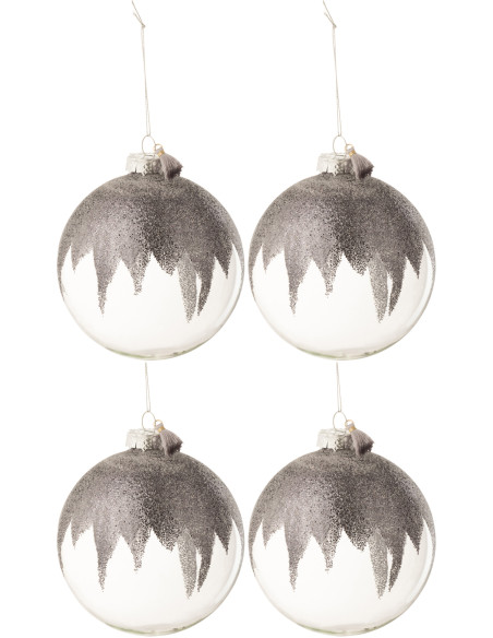 Boule de Noël XL en Verre Transparent Gris Avec paillette et pompon (Lot de 4) - 1