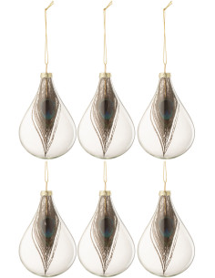 Boule de Noël Goutte en Verre Transparent Avec plume de paon (Lot de 6) - 1