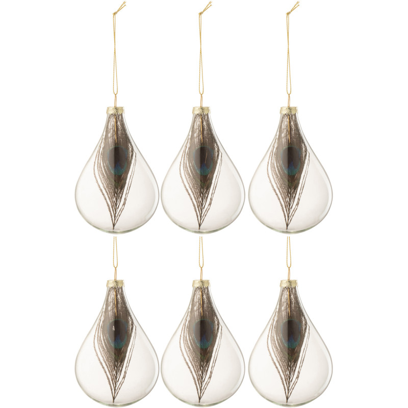 Boule de Noël Goutte en Verre Transparent Avec plume de paon (Lot de 6) - 1