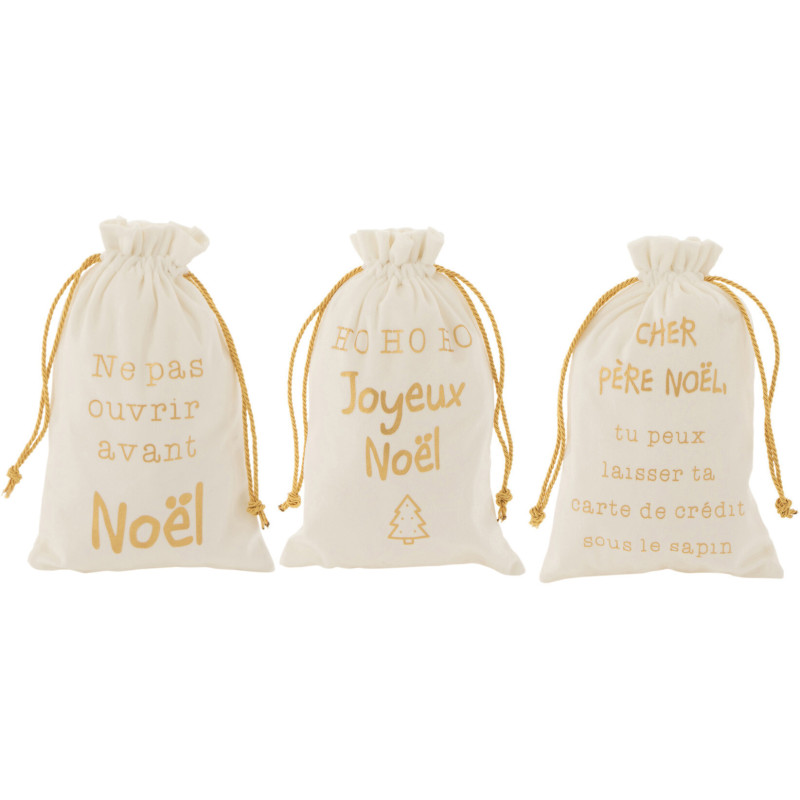 Sac Cadeaux de Noël Français 30 cm en Polyester Blanc Doré Effet velours (Lot de 3) - 1
