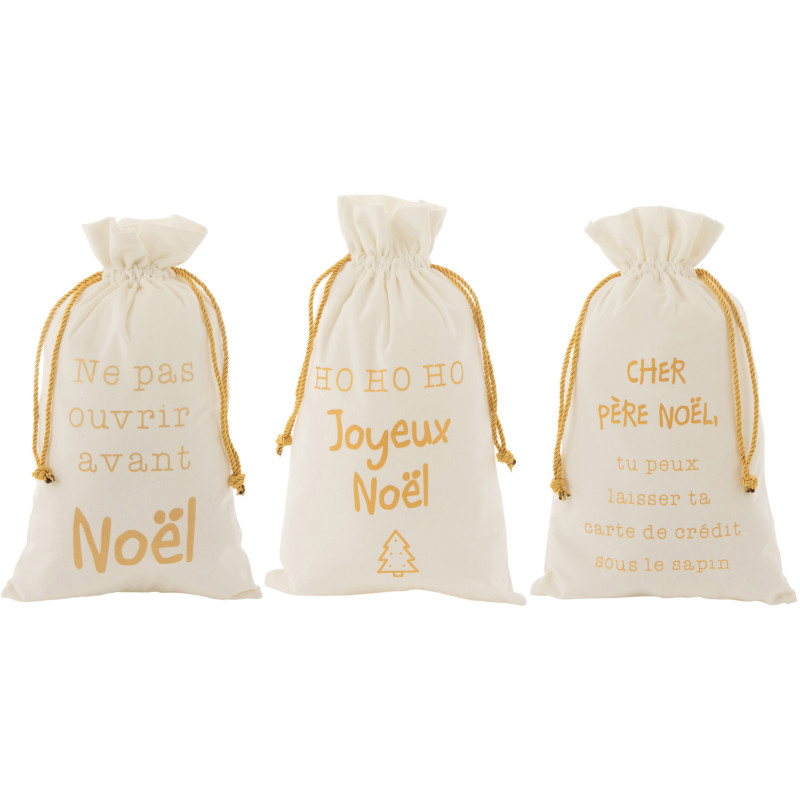 Sac Cadeaux de Noël Français 50 cm en Polyester Blanc Doré Effet velours (Lot de 3) - 1
