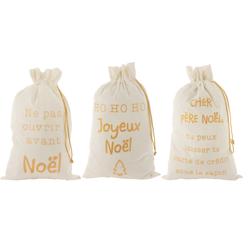 Sac Cadeaux de Noël Français 80 cm en Polyester Blanc Doré Effet velours (Lot de 3) - 1