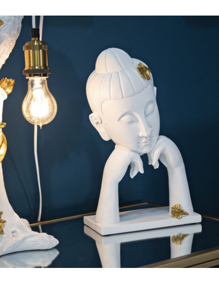 Statuette déco moderne Tête de bouddha Hauteur 36 cm en Résine Blanc Doré Feril 