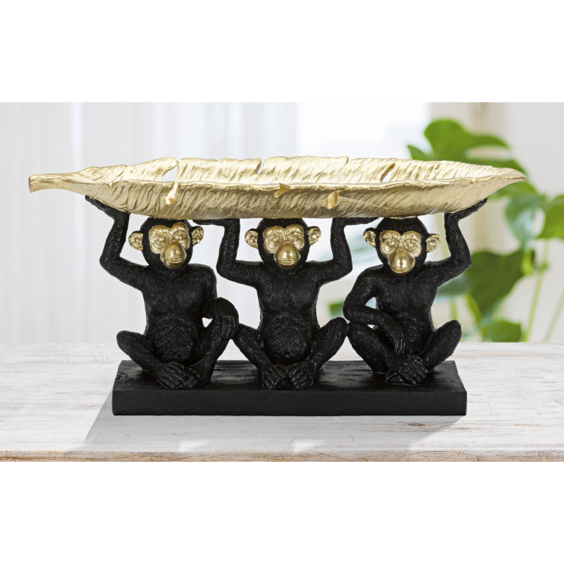 Vide poche original 3 singes avec plateau 43 cm en Résine Doré Noir Alven 