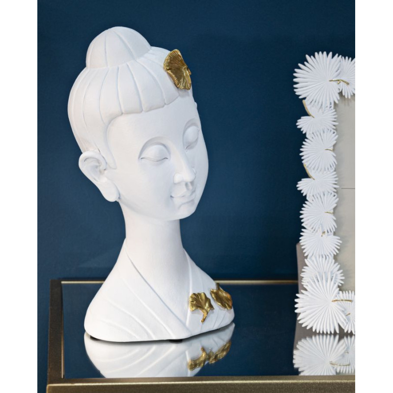 Statuette déco moderne Tête de bouddha Hauteur 35 cm en Résine Blanc Doré Volyn 