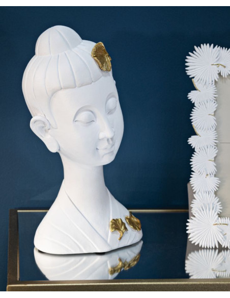 Statuette déco moderne Tête de bouddha Hauteur 35 cm en Résine Blanc Doré Volyn 