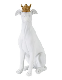 Statuette déco moderne Chien avec couronne Hauteur 33 cm en Résine Blanc Doré Velir 