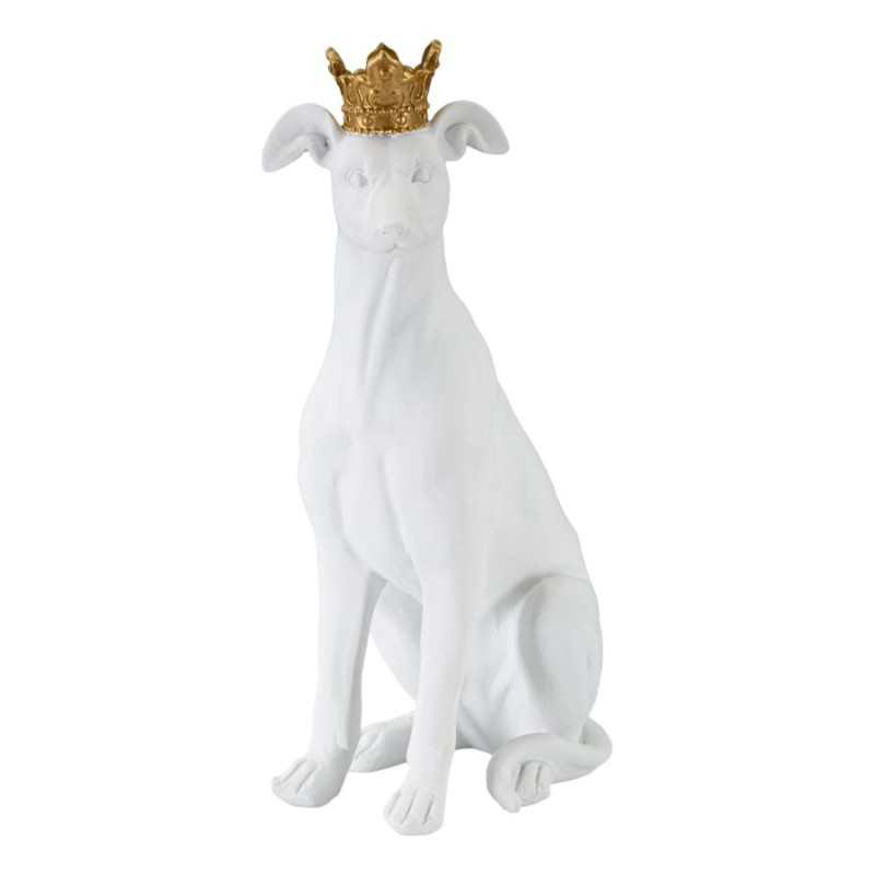 Statuette déco moderne Chien avec couronne Hauteur 33 cm en Résine Blanc Doré Velir 