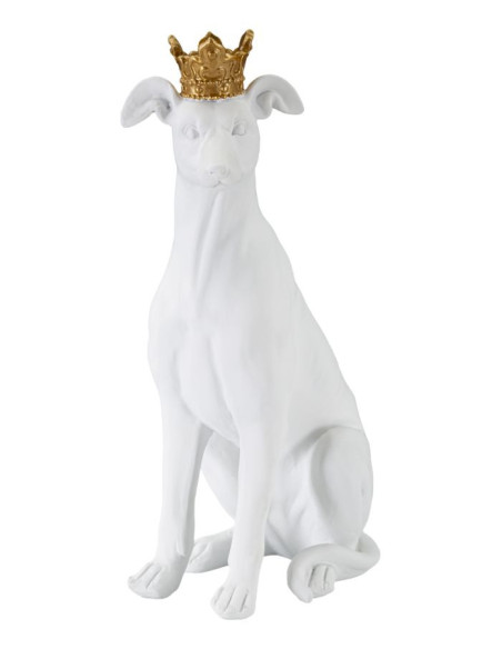 Statuette déco moderne Chien avec couronne Hauteur 33 cm en Résine Blanc Doré Velir 