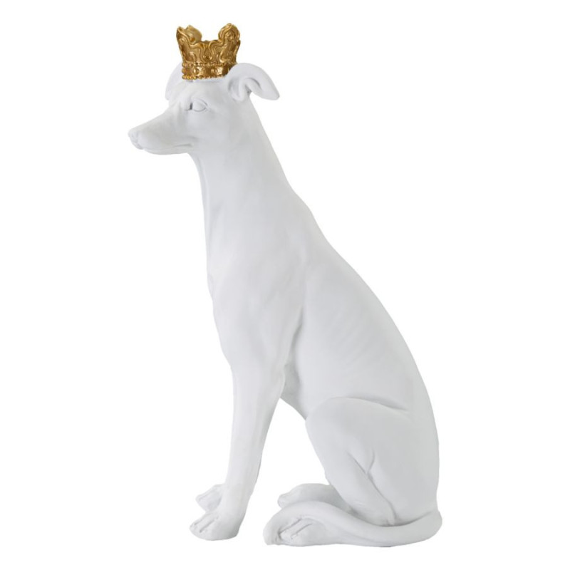 Statuette déco moderne Chien avec couronne Hauteur 33 cm en Résine Blanc Doré Velir 