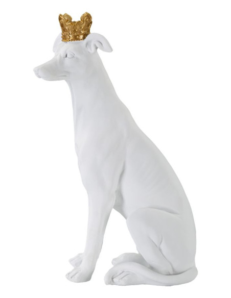 Statuette déco moderne Chien avec couronne Hauteur 33 cm en Résine Blanc Doré Velir 