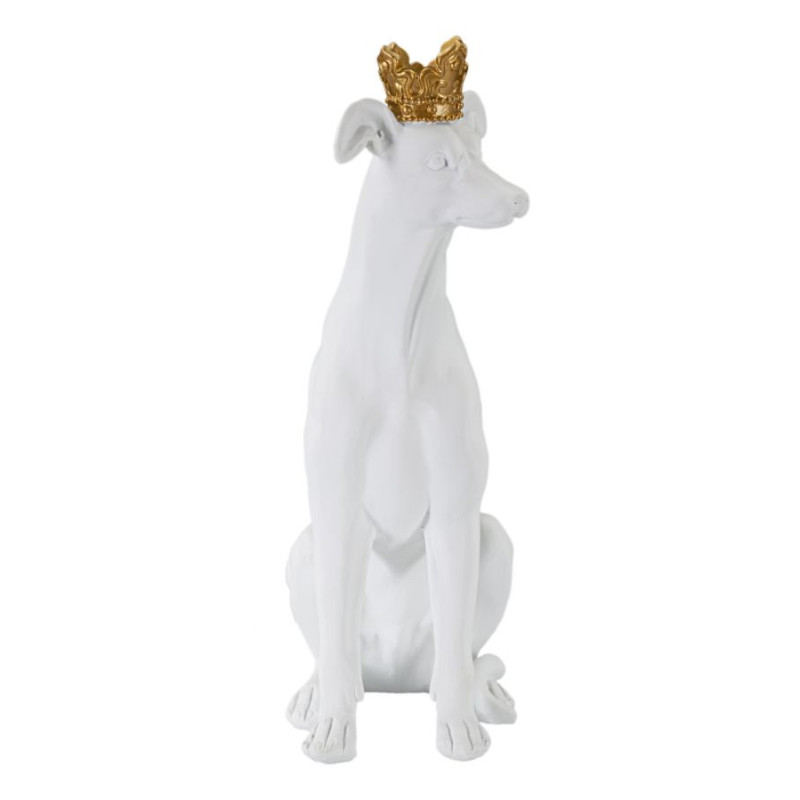 Statuette déco moderne Chien avec couronne Hauteur 33 cm en Résine Blanc Doré Velir 