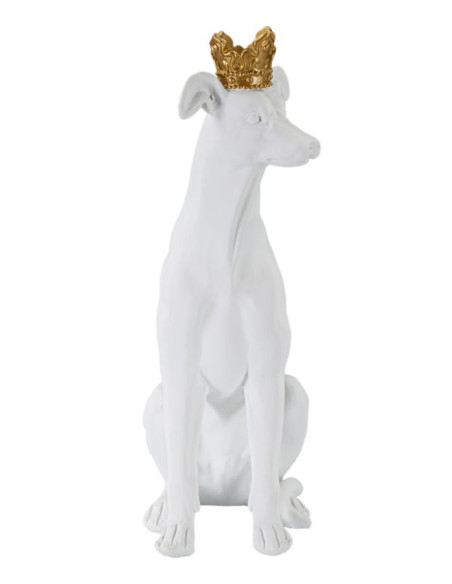 Statuette déco moderne Chien avec couronne Hauteur 33 cm en Résine Blanc Doré Velir 