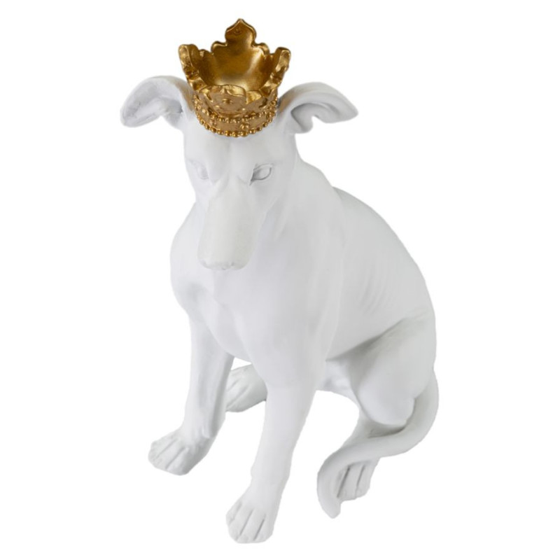 Statuette déco moderne Chien avec couronne Hauteur 33 cm en Résine Blanc Doré Velir 