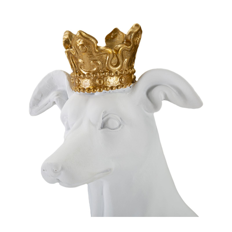 Statuette déco moderne Chien avec couronne Hauteur 33 cm en Résine Blanc Doré Velir 