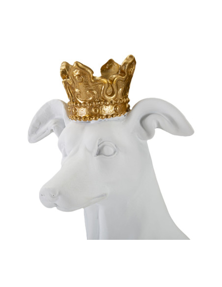 Statuette déco moderne Chien avec couronne Hauteur 33 cm en Résine Blanc Doré Velir 