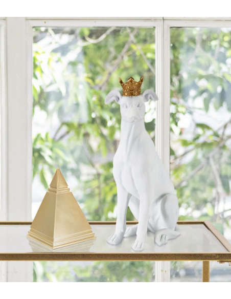 Statuette déco moderne Chien avec couronne Hauteur 33 cm en Résine Blanc Doré Velir 