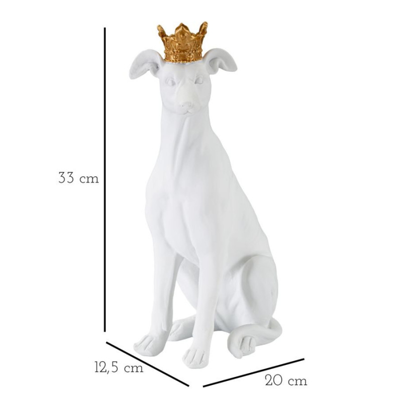Statuette déco moderne Chien avec couronne Hauteur 33 cm en Résine Blanc Doré Velir 
