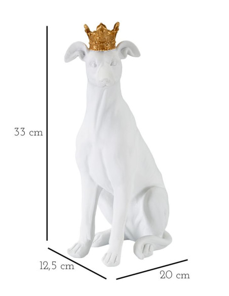 Statuette déco moderne Chien avec couronne Hauteur 33 cm en Résine Blanc Doré Velir 