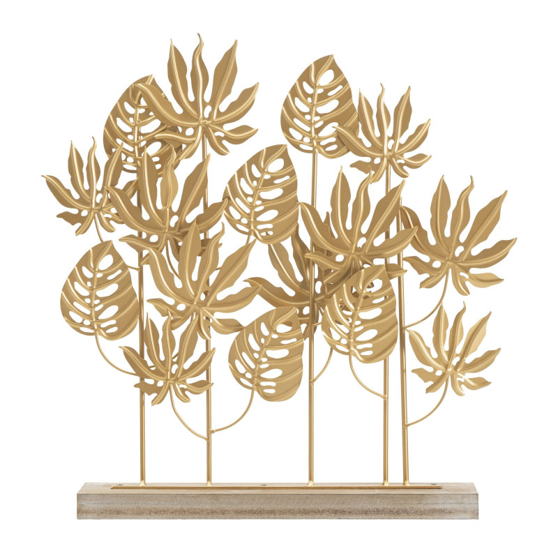 Grande Sculpture moderne sur pied Feuilles tropicales Hauteur 57 cm en Métal Doré Bois Naturel Ceril 