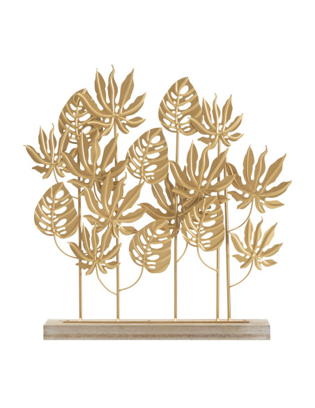 Grande Sculpture moderne sur pied Feuilles tropicales Hauteur 57 cm en Métal Doré Bois Naturel Ceril 