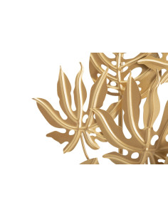Grande Sculpture moderne sur pied Feuilles tropicales Hauteur 57 cm en Métal Doré Bois Naturel Ceril 