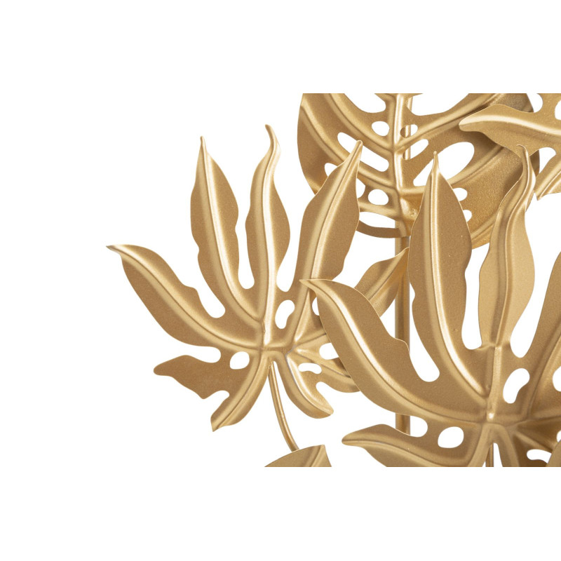 Grande Sculpture moderne sur pied Feuilles tropicales Hauteur 57 cm en Métal Doré Bois Naturel Ceril 