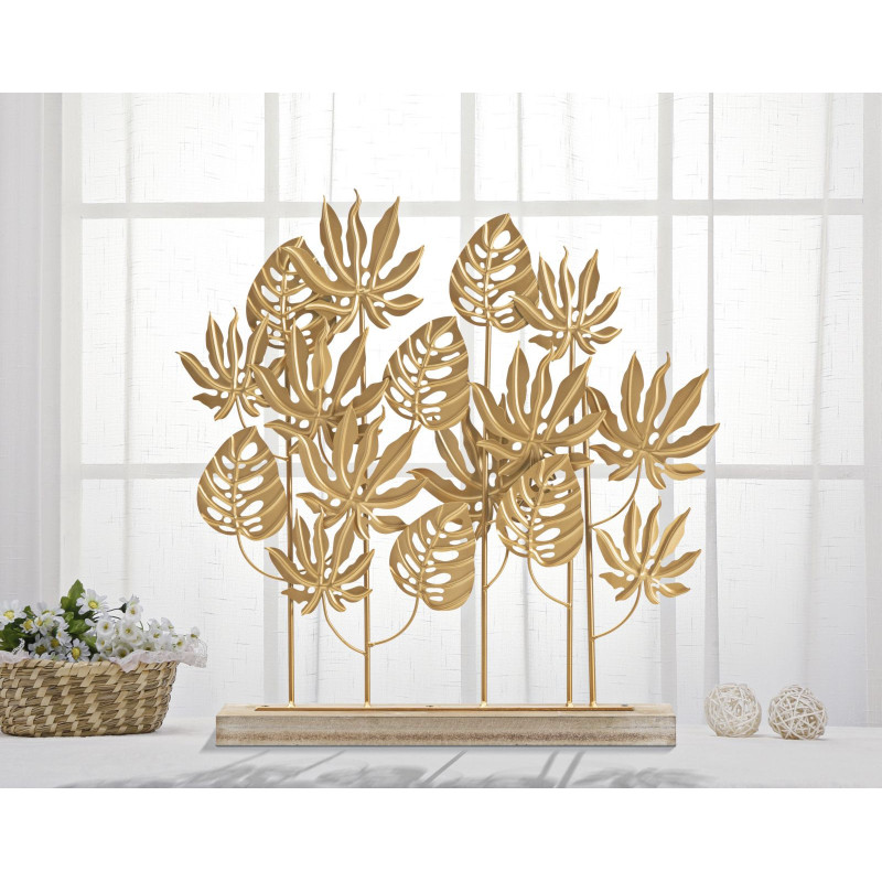 Grande Sculpture moderne sur pied Feuilles tropicales Hauteur 57 cm en Métal Doré Bois Naturel Ceril 