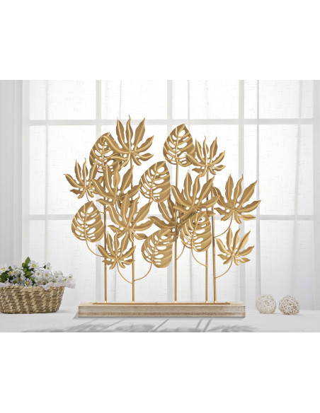Grande Sculpture moderne sur pied Feuilles tropicales Hauteur 57 cm en Métal Doré Bois Naturel Ceril 