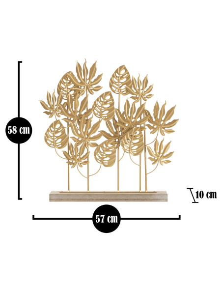 Grande Sculpture moderne sur pied Feuilles tropicales Hauteur 57 cm en Métal Doré Bois Naturel Ceril 