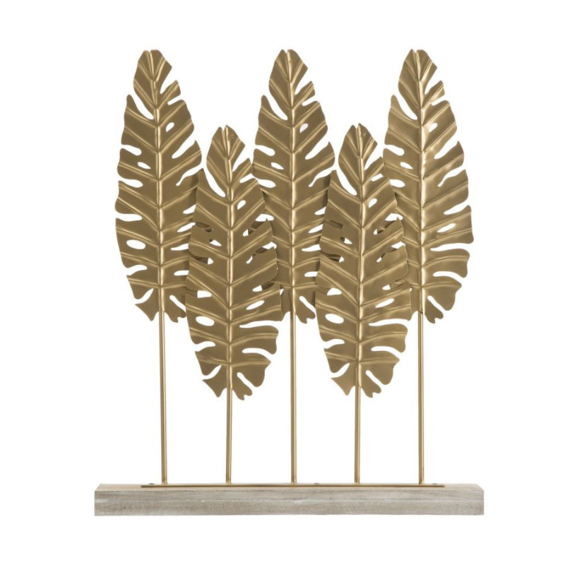 Grande Sculpture moderne sur pied 5 feuilles Hauteur 57 cm en Métal Doré Bois Naturel Nalen 