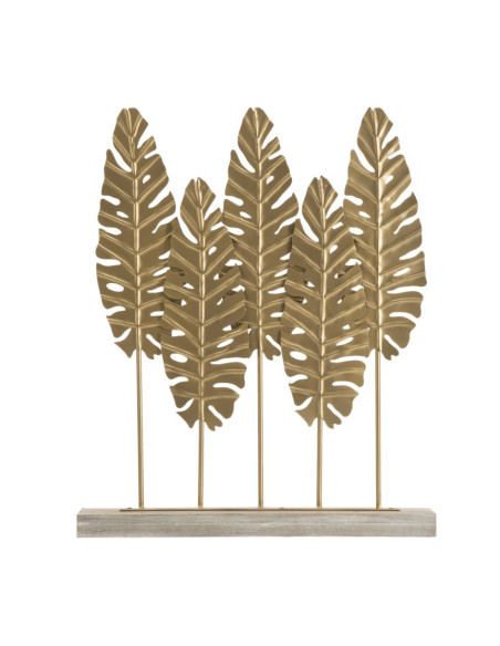 Grande Sculpture moderne sur pied 5 feuilles Hauteur 57 cm en Métal Doré Bois Naturel Nalen 