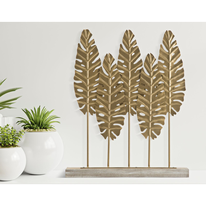 Grande Sculpture moderne sur pied 5 feuilles Hauteur 57 cm en Métal Doré Bois Naturel Nalen 