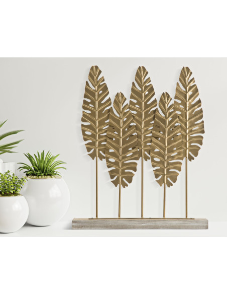 Grande Sculpture moderne sur pied 5 feuilles Hauteur 57 cm en Métal Doré Bois Naturel Nalen 