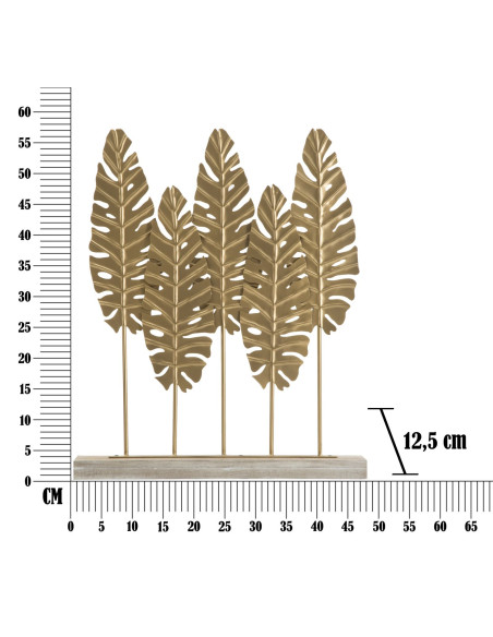 Grande Sculpture moderne sur pied 5 feuilles Hauteur 57 cm en Métal Doré Bois Naturel Nalen 