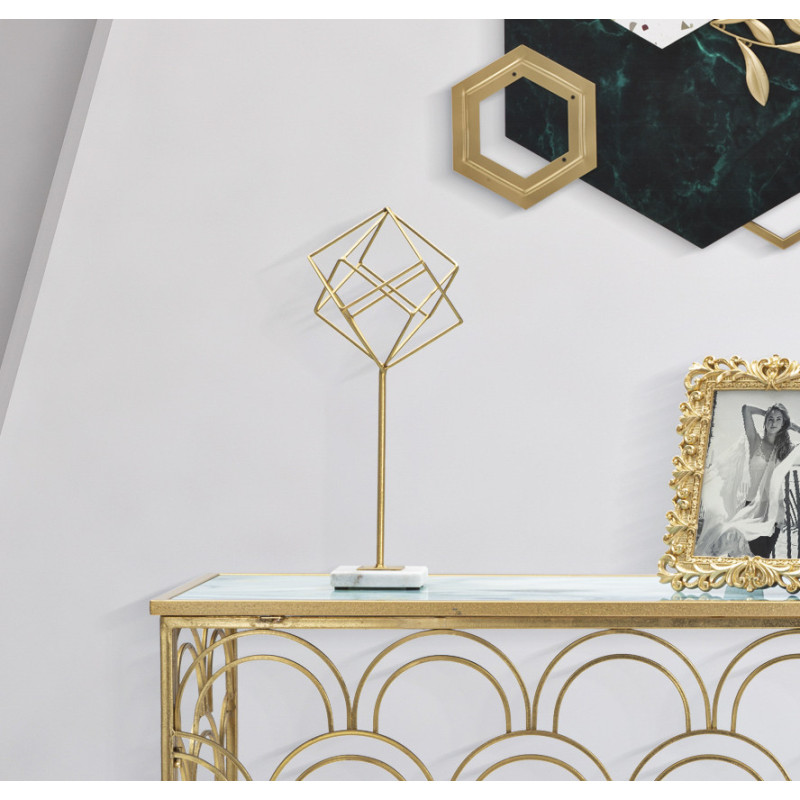 Sculpture moderne sur pied Forme géométrique Hauteur 41 cm en Métal Doré Marbre Blanc Tolir 