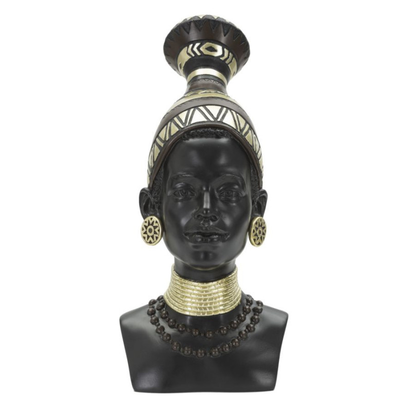 Statuette déco Buste Femme Maasaï Hauteur 38 cm en Résine Noir Doré Nelra 
