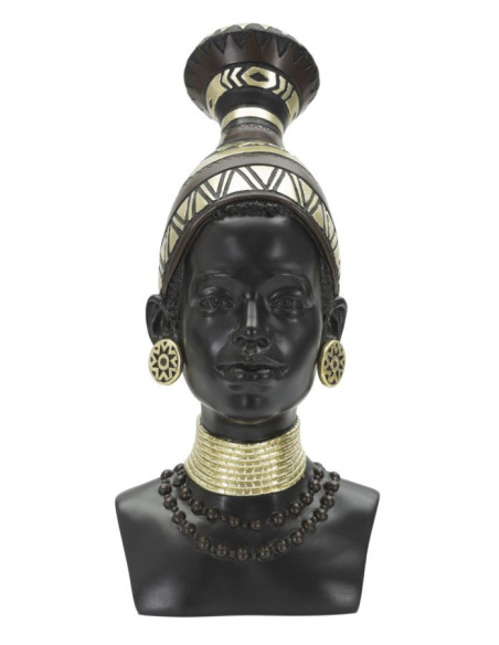 Statuette déco Buste Femme Maasaï Hauteur 38 cm en Résine Noir Doré Nelra 
